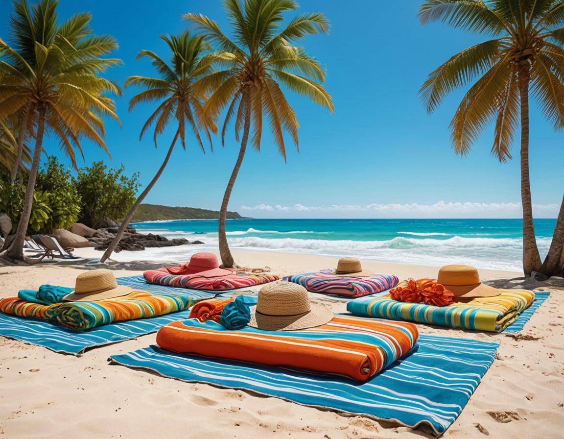 A sun-soaked beach scene featuring stylish sunbathers lounging on colorful beach towels with trendy swimwear. In the background, gentle ocean waves crash against the shore, while palm trees sway in the breeze. The scene is vibrant, infused with tropical colors, showcasing an array of fashionable beach accessories like hats and sunglasses. Capture a sense of luxury and relaxation with a bright blue sky overhead. super-realistic. vibrant colors. beach setting.